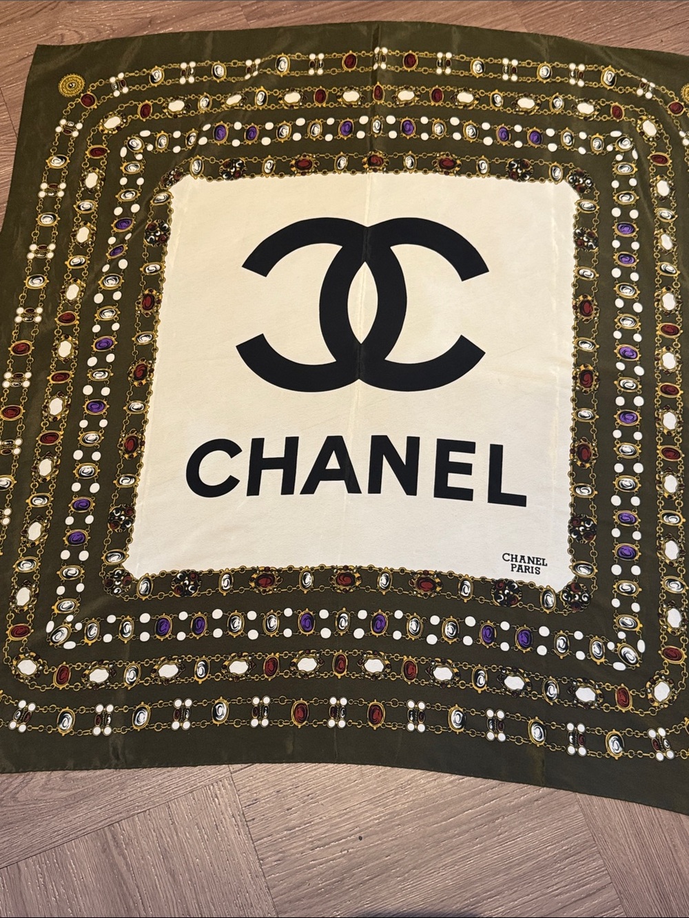 CHANEL Olive, Cream & Black Logo Silk Scarf with Jeweled Border